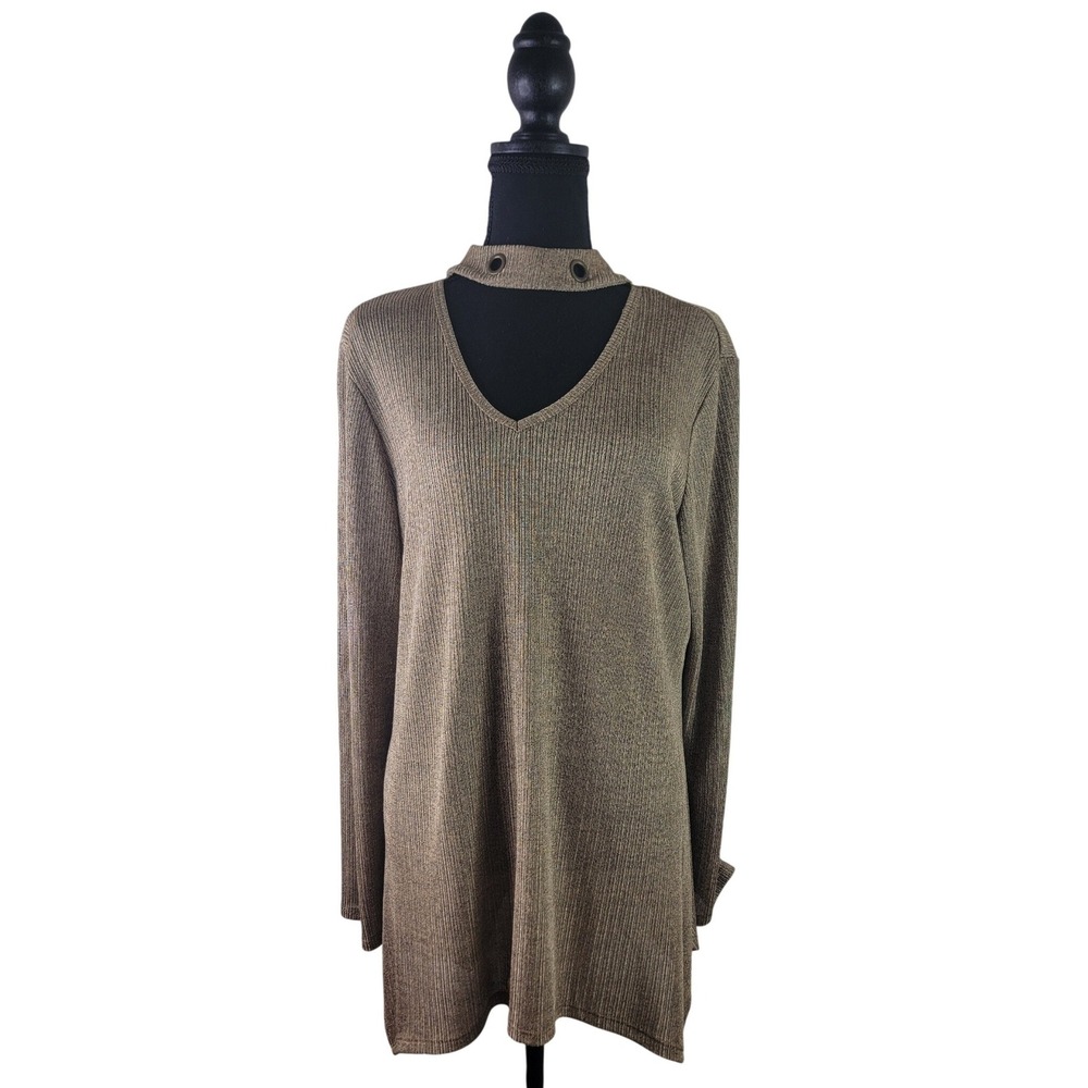 Ashley Stewart Womens Gold Metallic Ribbed Choker V-Neck Keyhole Tunic Top XL